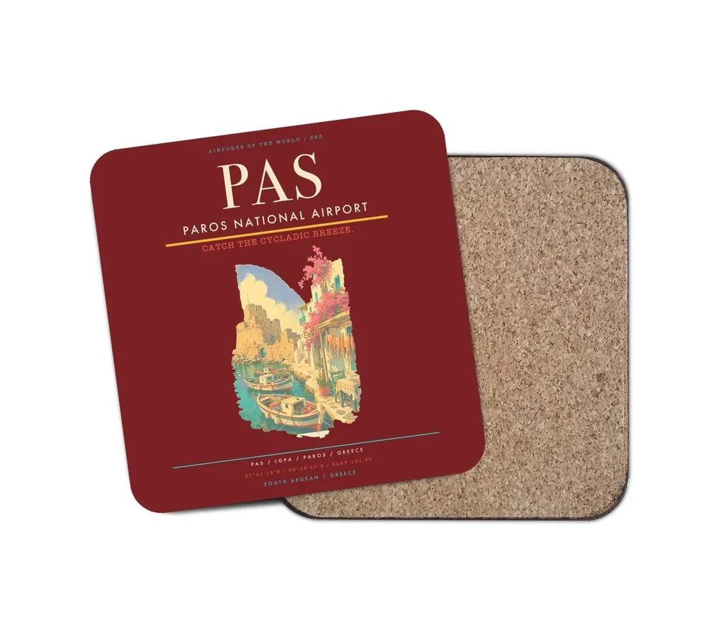 Paros National Airport (PAS) design on dark red 1 piece coaster