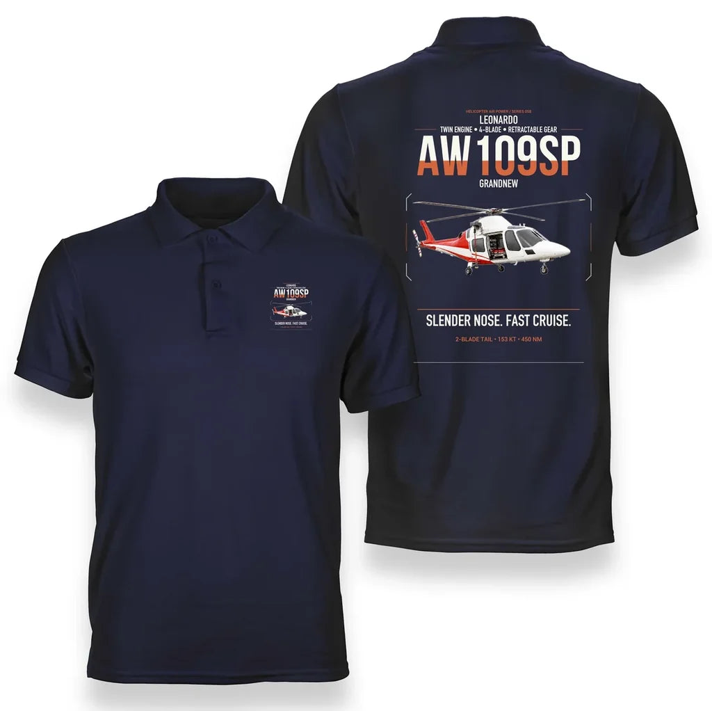 Leonardo AW109SP GrandNew design on navy blue double-side polo t-shirt, double-side print
