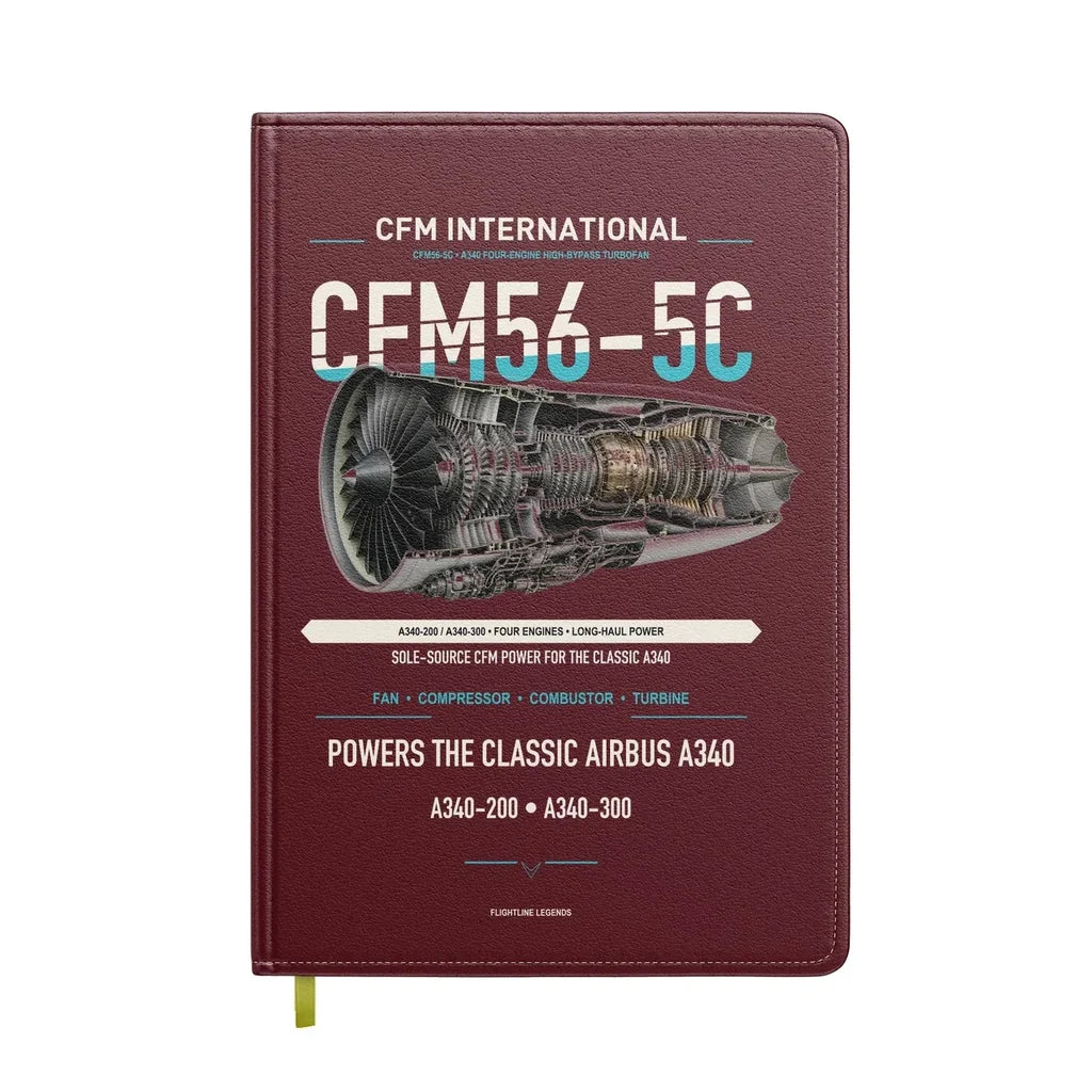 CFM56-5C design on dark red notebook