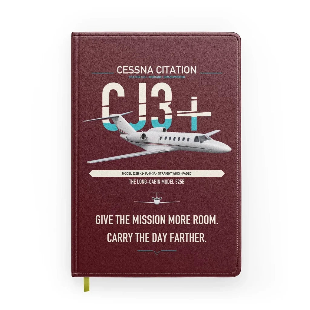 Cessna Citation CJ3+ design on dark red notebook