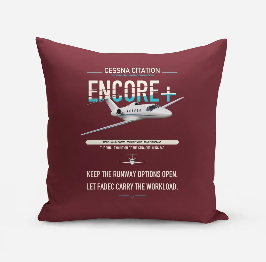 Cessna Citation Encore+ design on dark red pillow