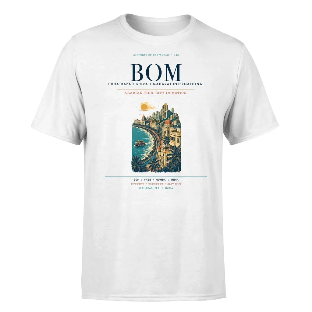 Mumbai Airport (BOM) T-Shirt single-side front print in White | mumbai-bom-airport-double-side-t-shirt