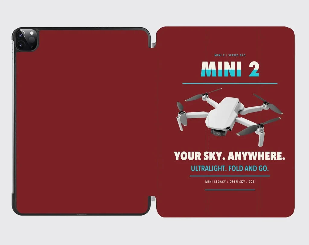 DJI Mini 2 design on dark red ipad tablet case