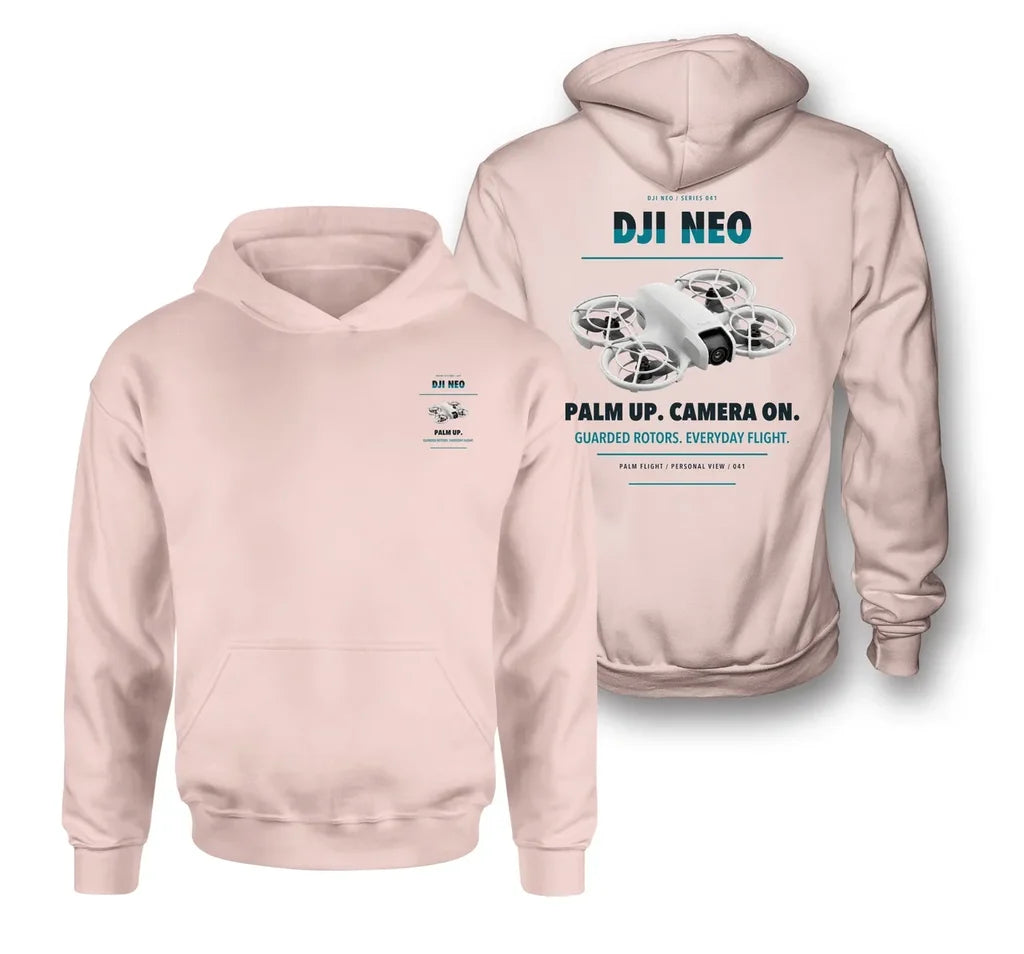 DJI Neo design on pink hoodie