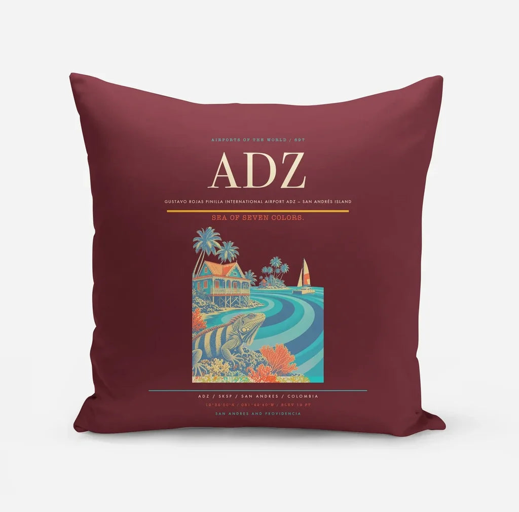 Gustavo Rojas Pinilla International Airport (ADZ) design on dark red pillow