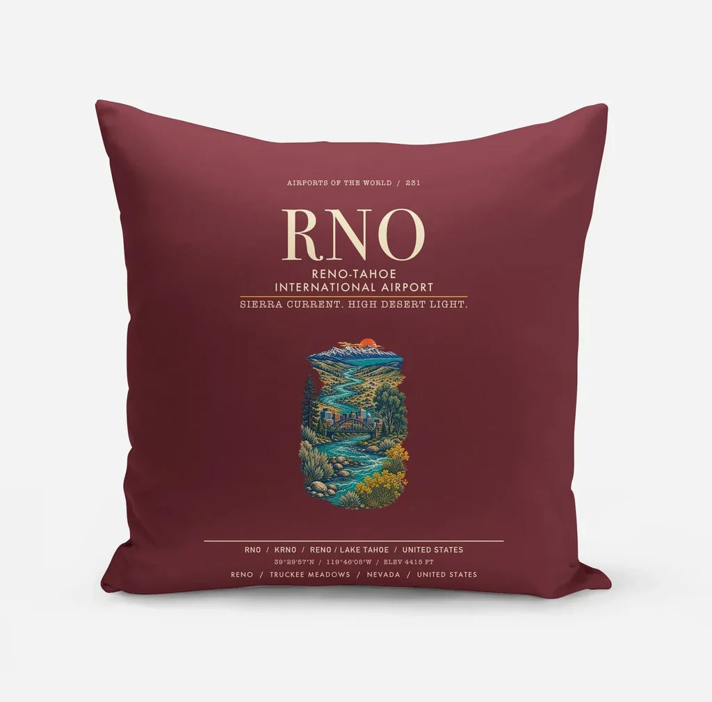 Reno-Tahoe International Airport (RNO) design on dark red pillow