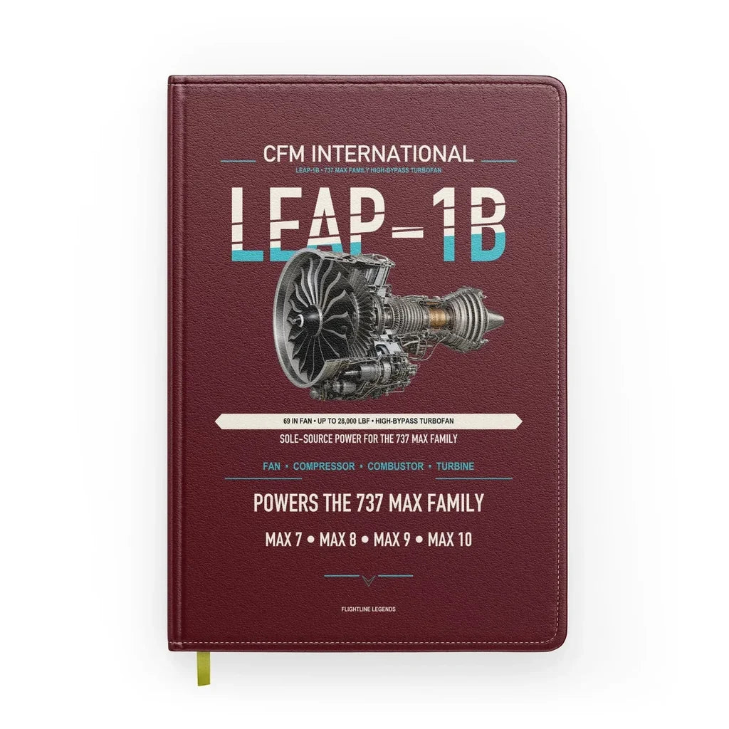 CFM LEAP-1B design on dark red notebook