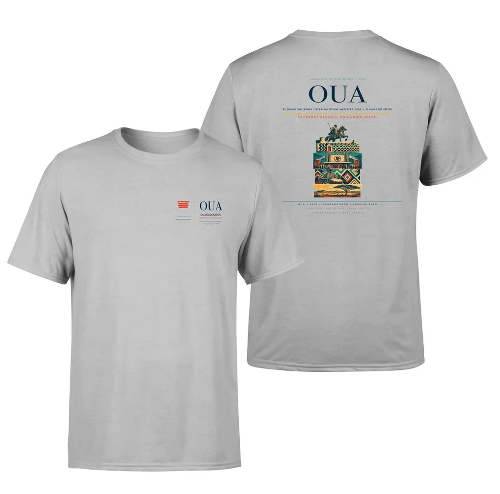 Thomas Sankara International Airport (OUA) design printed on light gray double-side t-shirt