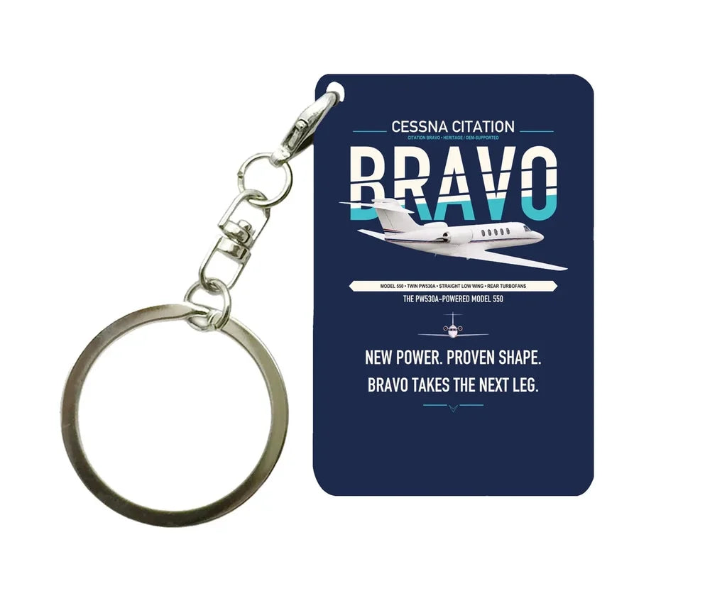 Cessna Citation Bravo design on navy blue designed key chain, double-side print