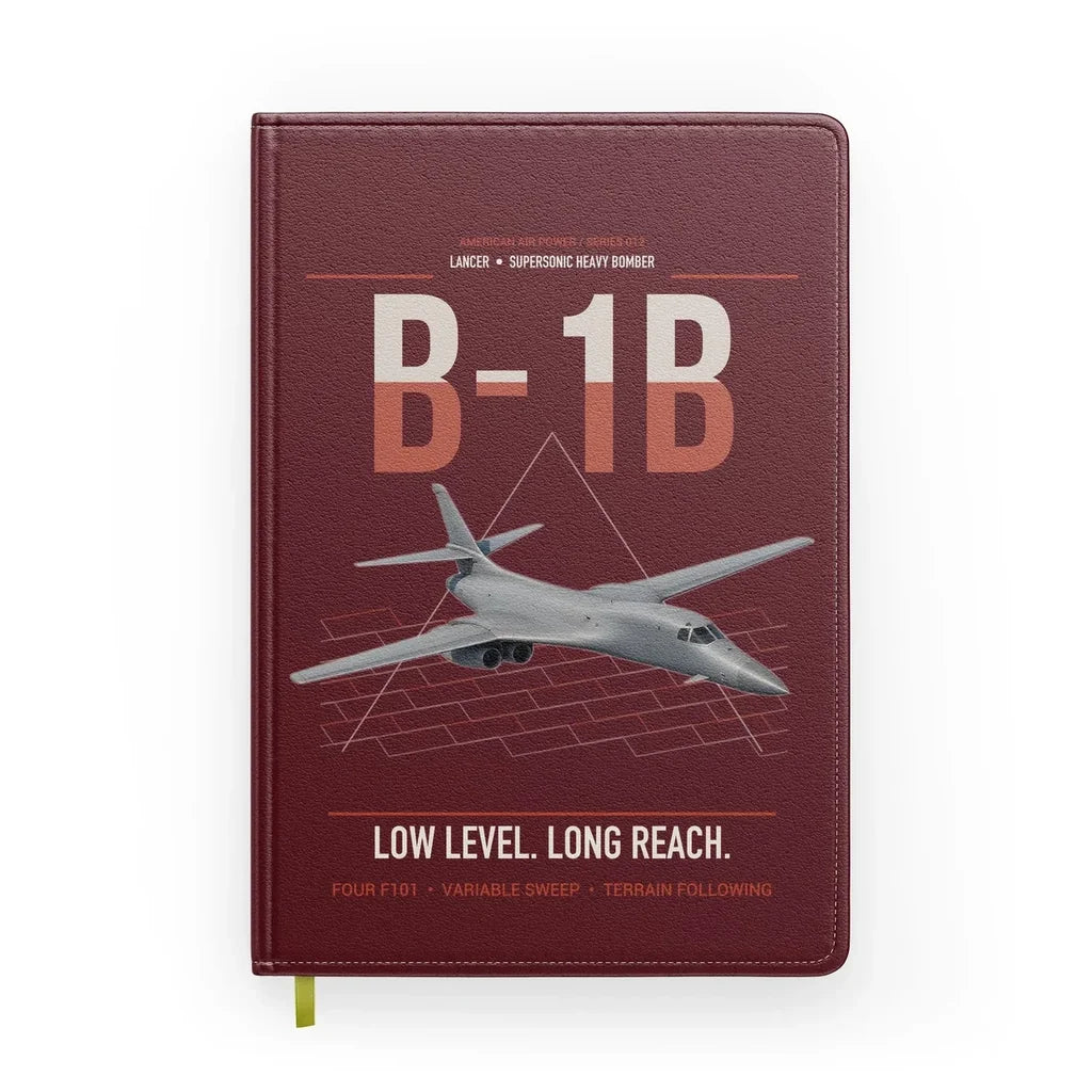 B-1B Lancer design on dark red notebook