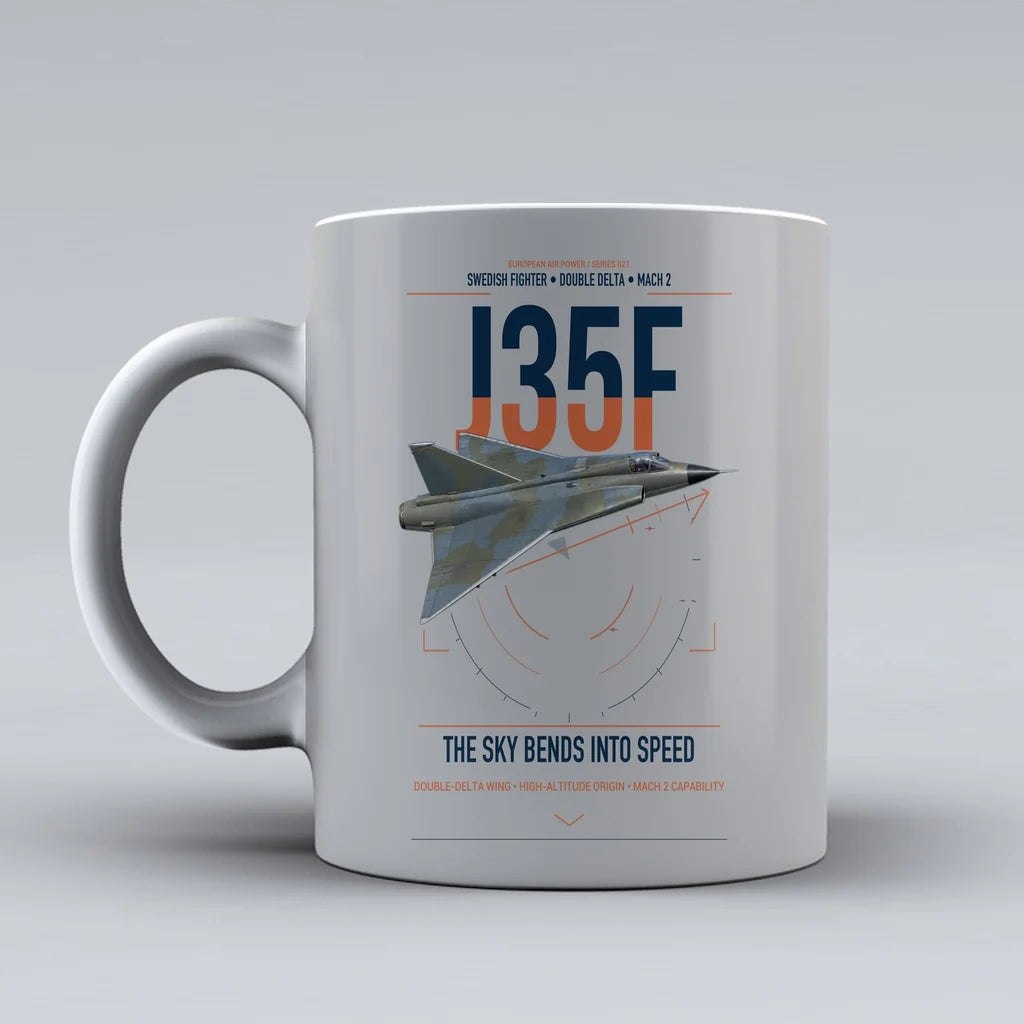 Saab J 35F Draken design on light gray ceramic mug, double-side print