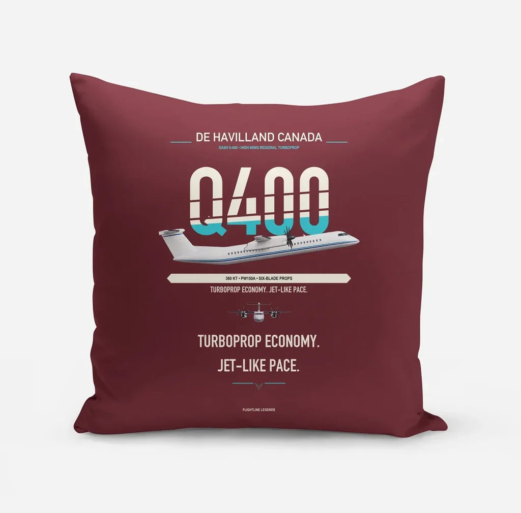 De Havilland Dash 8-400 design on dark red pillow