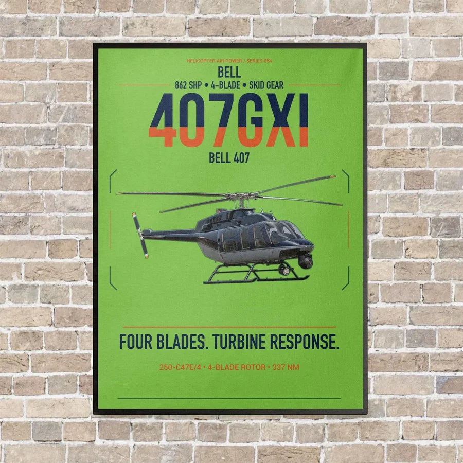Bell 407GXi vertical canvas print - framed - light green background