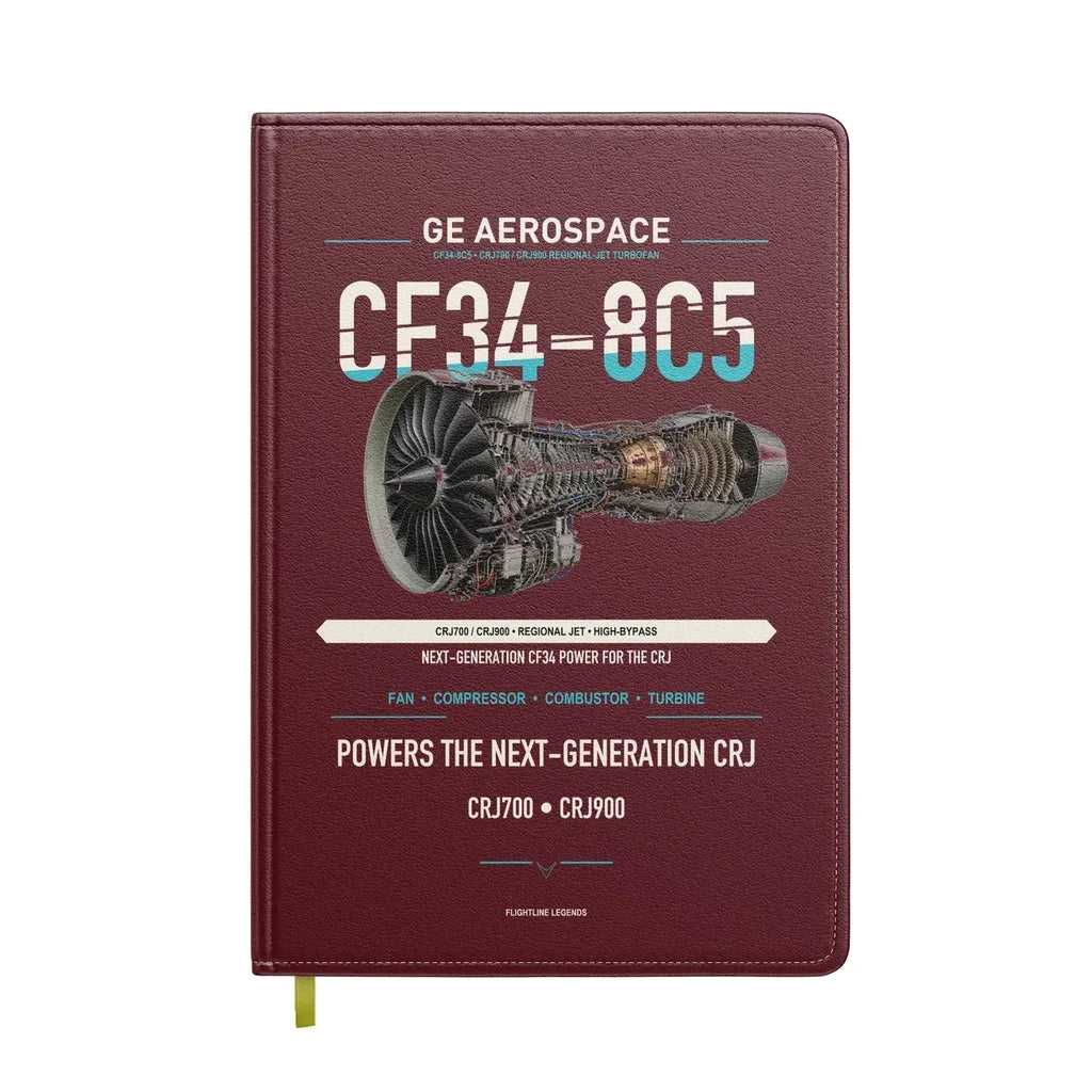 CF34-8C5 design on dark red notebook