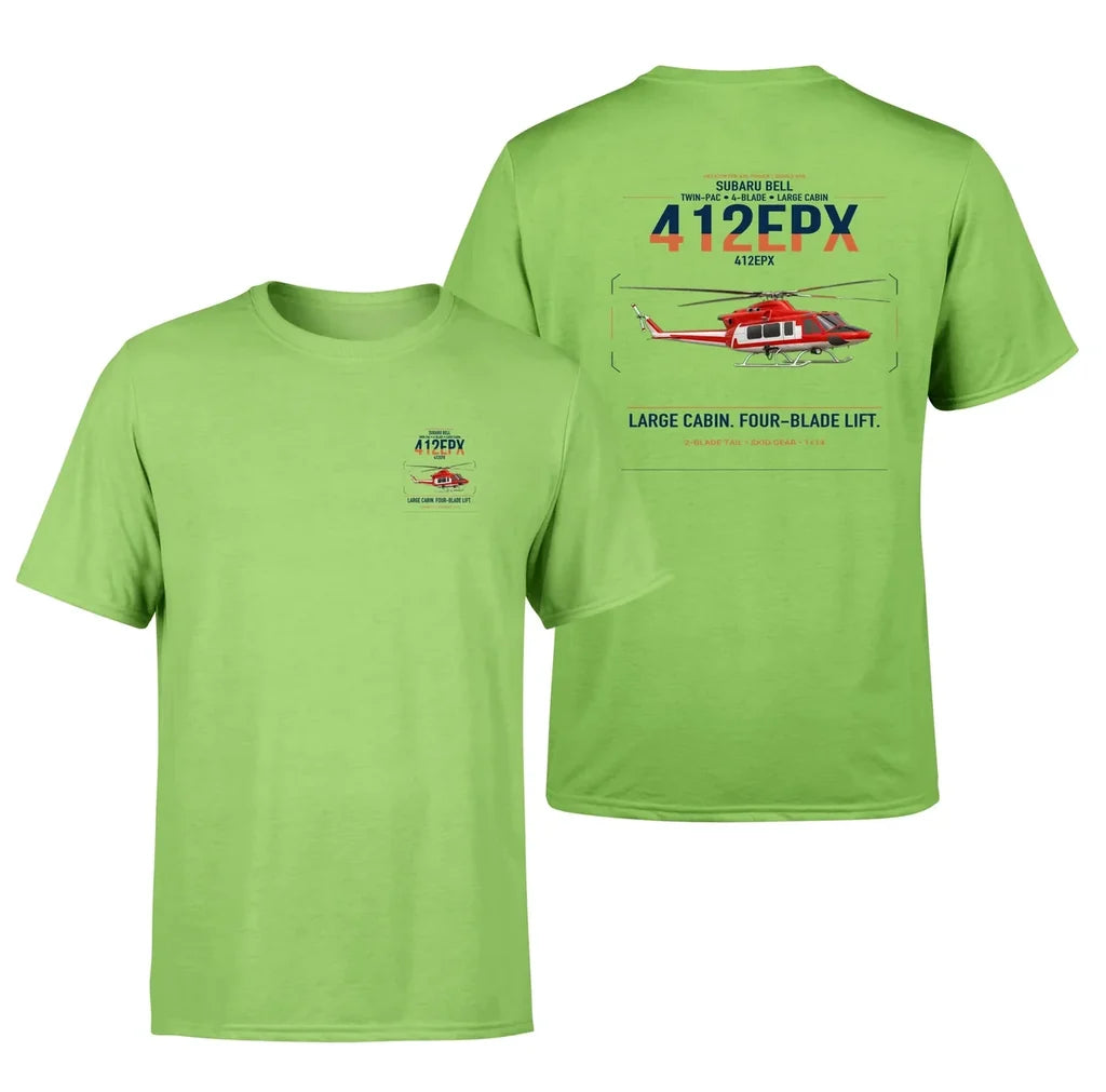 SUBARU Bell 412EPX design on light green t-shirt, double-side print