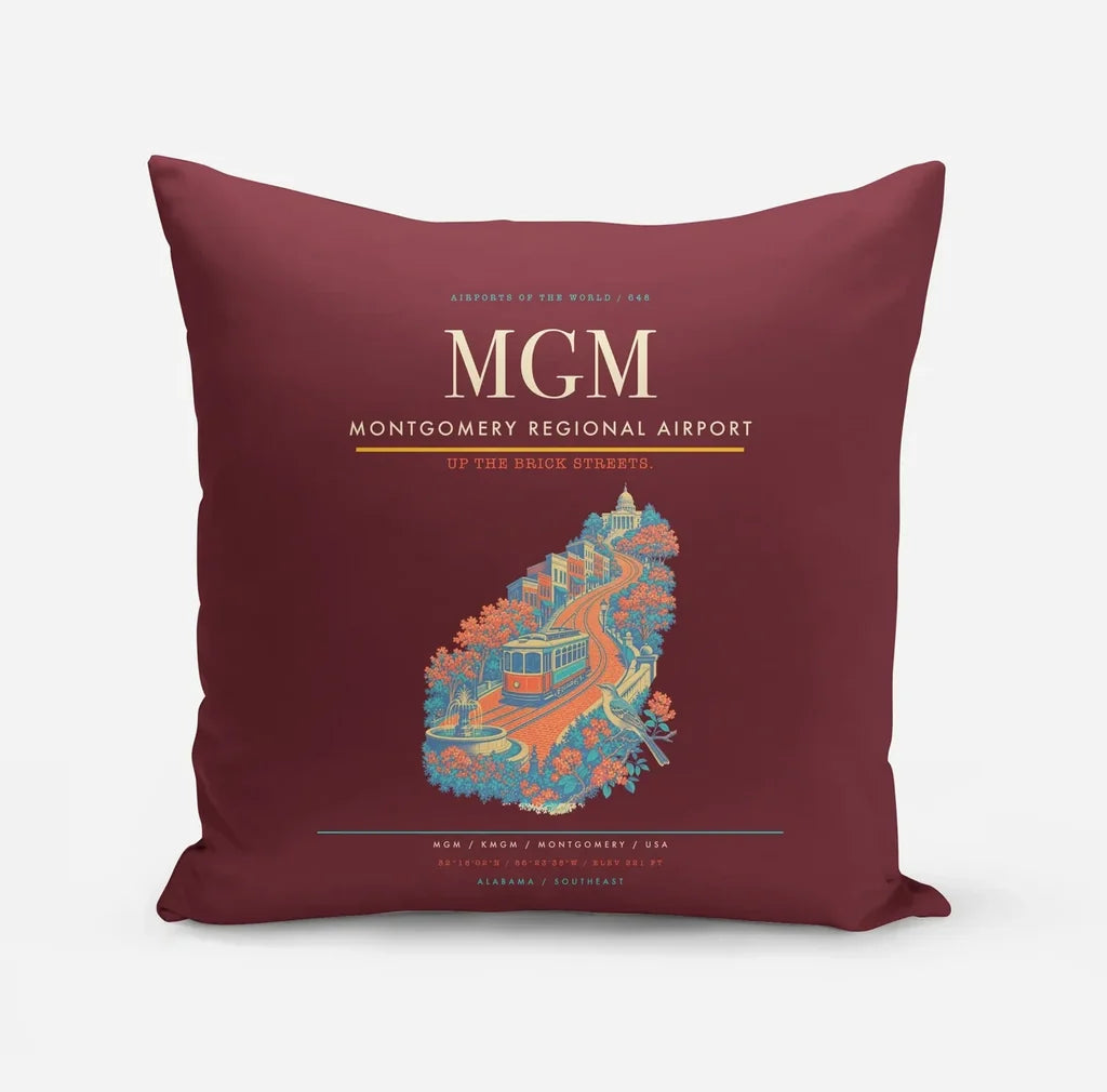 Montgomery Regional Airport (MGM) design on dark red pillow