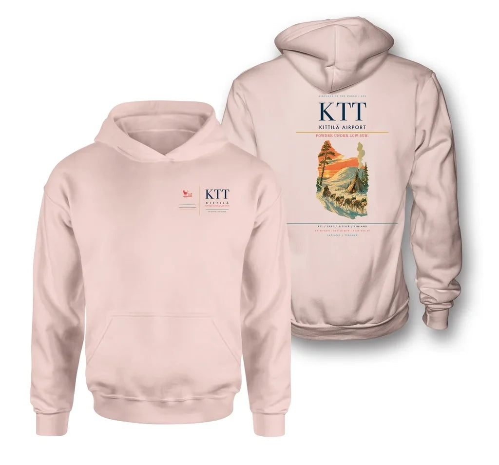 Kittilä Airport (KTT) design on pink double-side hoodie