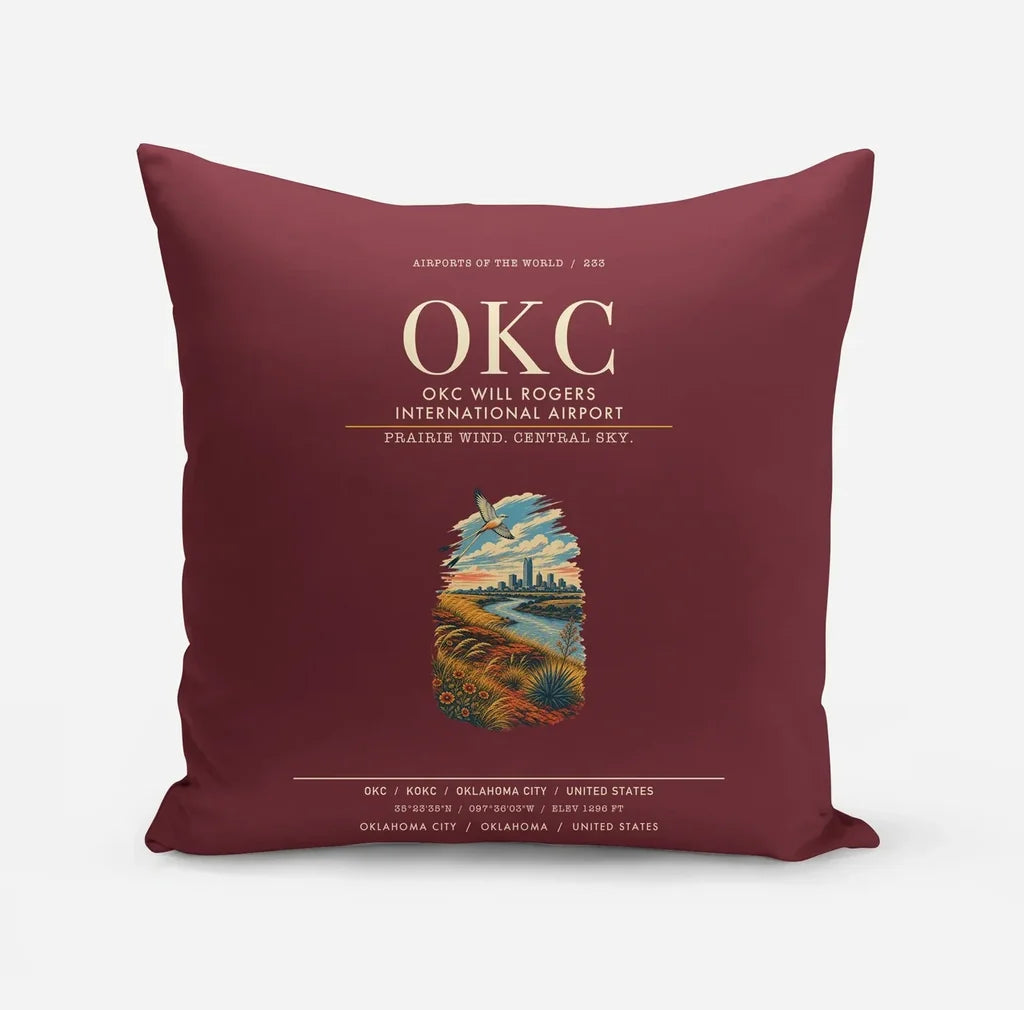 OKC Will Rogers International Airport (OKC) design on dark red pillow