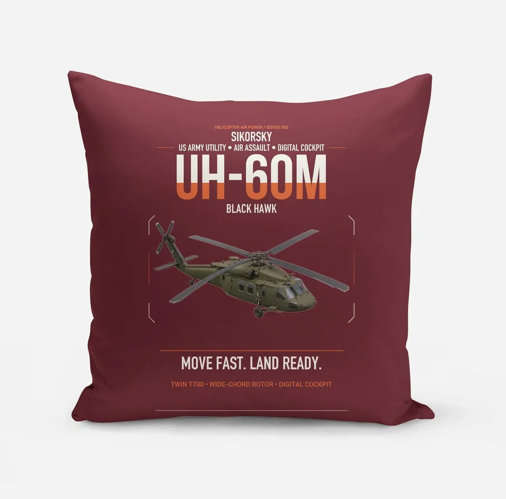 Sikorsky UH-60M Black Hawk design on dark red pillow
