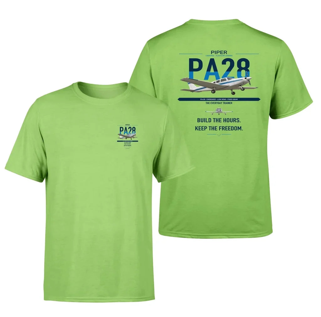 Piper PA-28 Cherokee design on light green t-shirt, double-side print