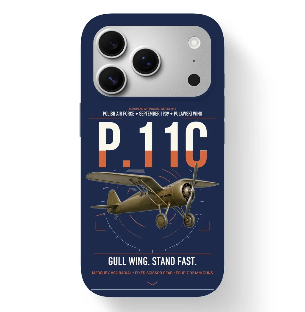 PZL P.11c design on navy blue magsafe iphone case, for iPhone 17 Pro