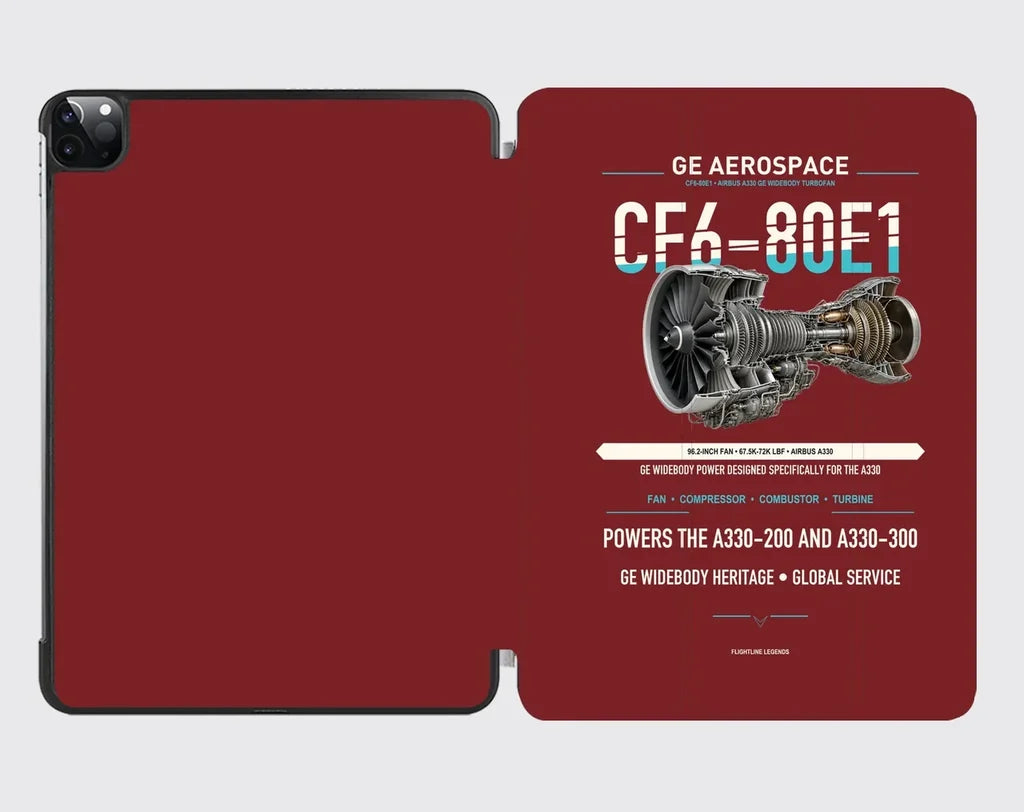 CF6-80E1 design on dark red ipad tablet case