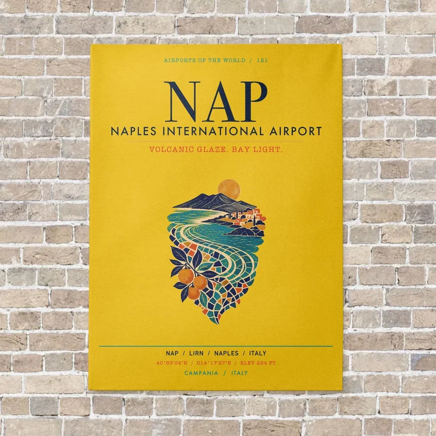 Naples International Airport NAP vertical canvas print - no frame - yellow background