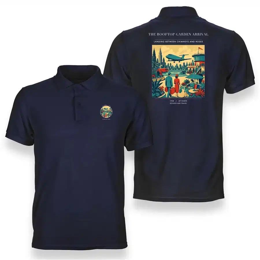 VINTAGE G4371 - The Rooftop Garden Arrival - Double-Side Polo T-Shirt design on navyblue