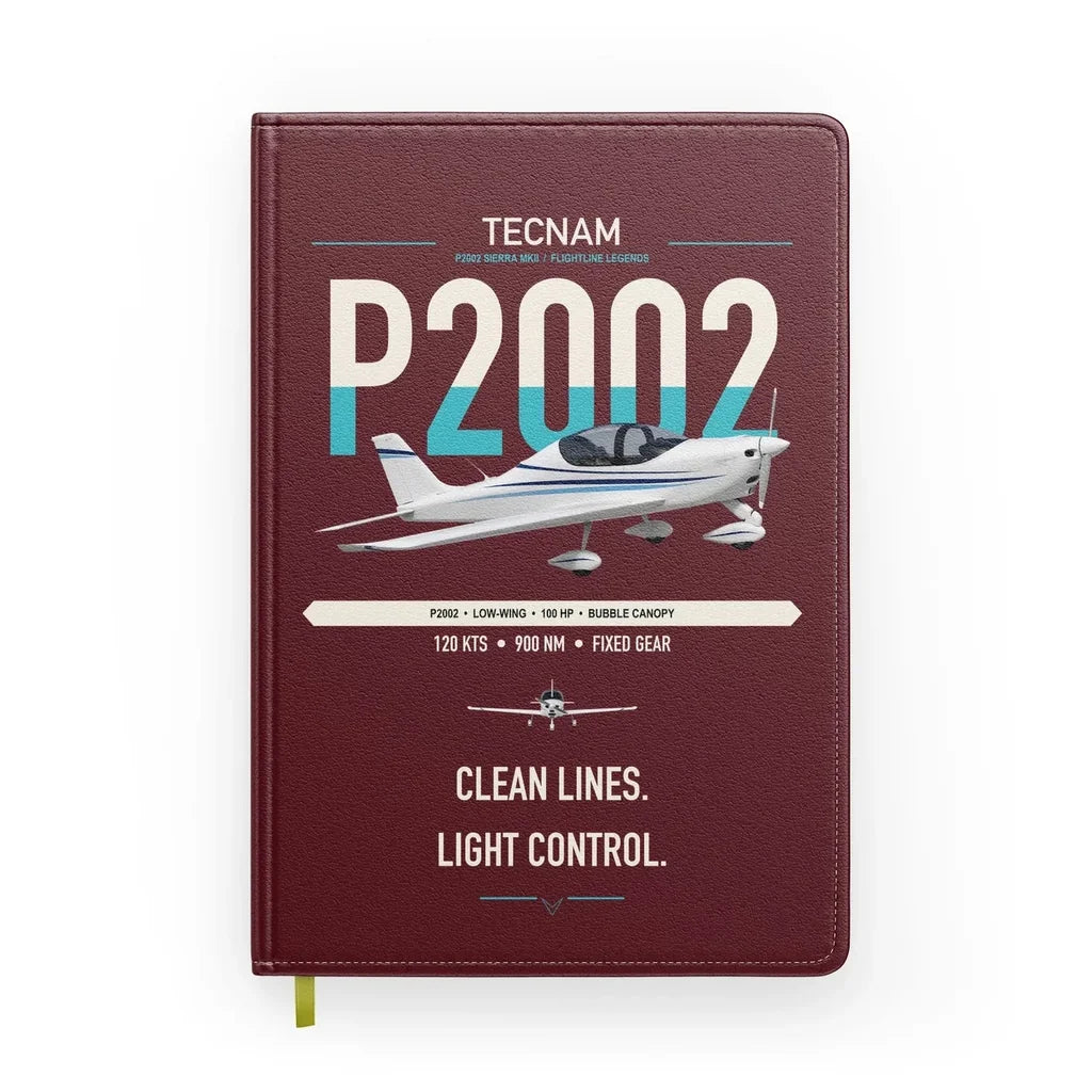 Tecnam P2002 Sierra MkII design on dark red notebook