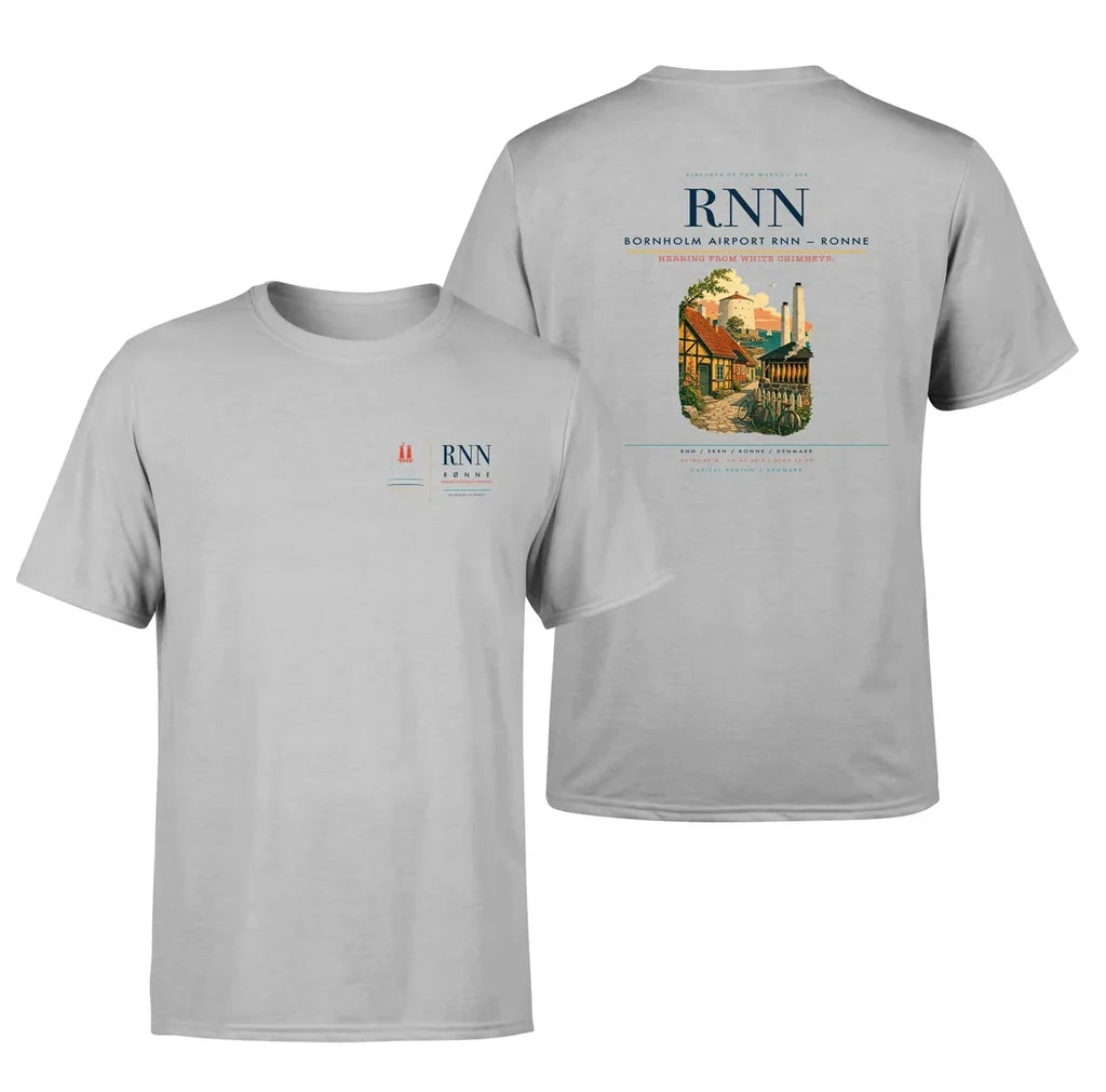 Bornholm Airport (RNN) design printed on light gray double-side t-shirt