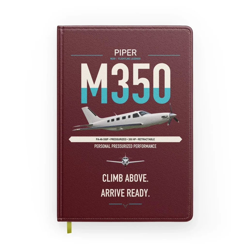 Piper M350 design on dark red notebook