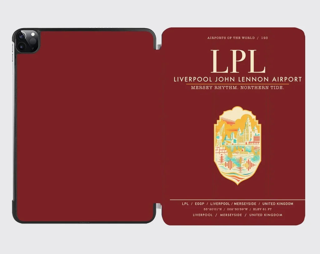 Liverpool John Lennon Airport (LPL) design on dark red ipad tablet case