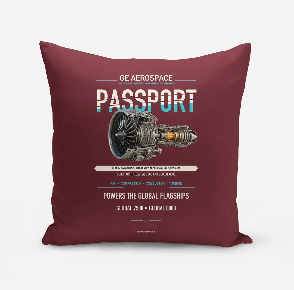 PASSPORT design on dark red pillow