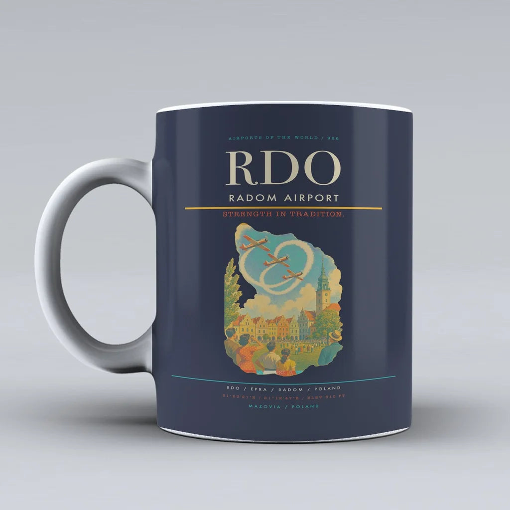 Radom Airport (RDO) airport code design on dark blue ceramic mug
