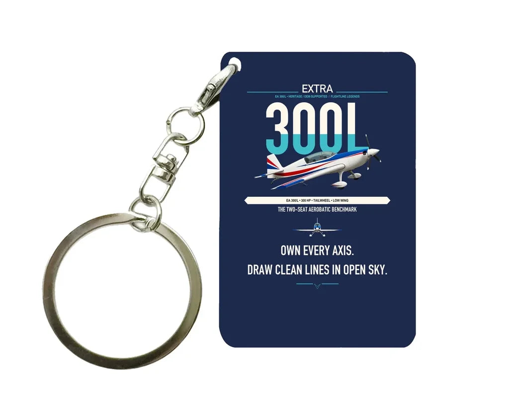 Extra 300L design on navy blue designed key chain, double-side print