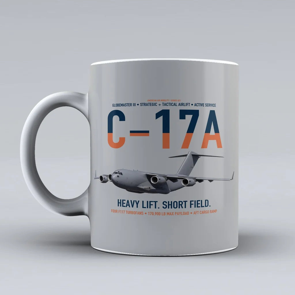 C-17A Globemaster III design on light gray ceramic mug, double-side print