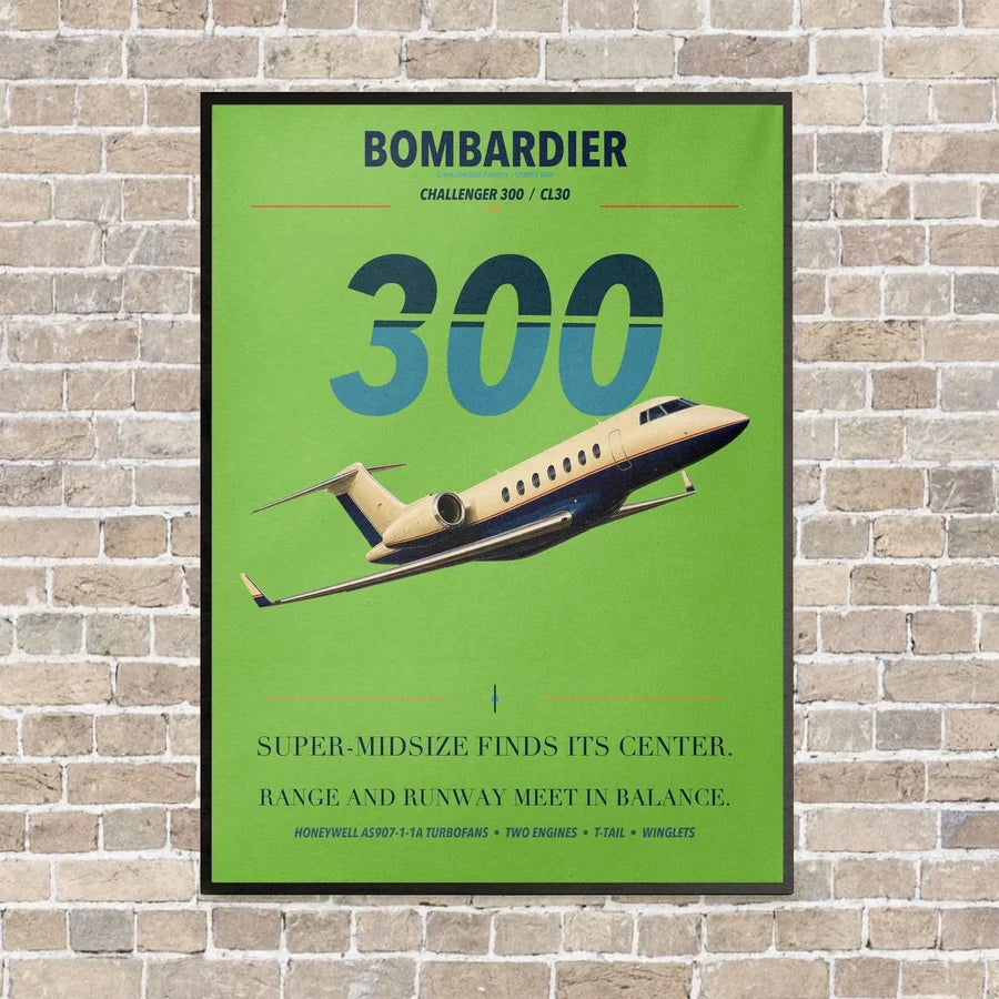 Bombardier Challenger 300 vertical canvas print - framed - light green background