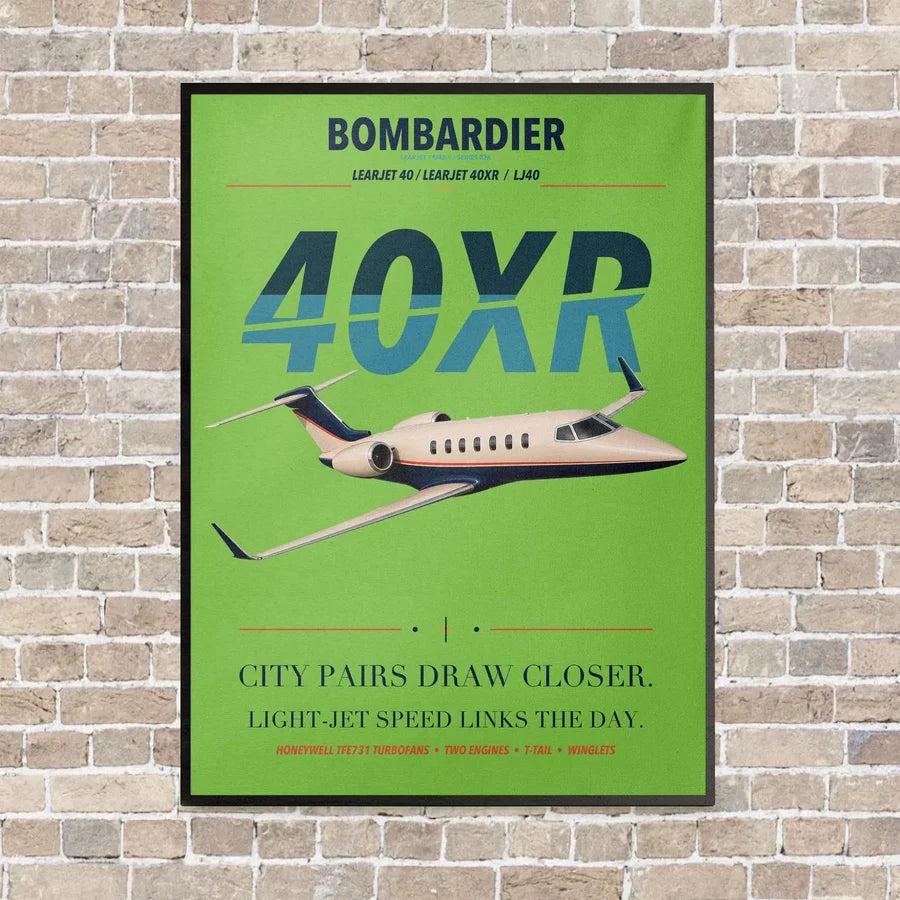 Bombardier Learjet 40XR vertical canvas print - framed - light green background