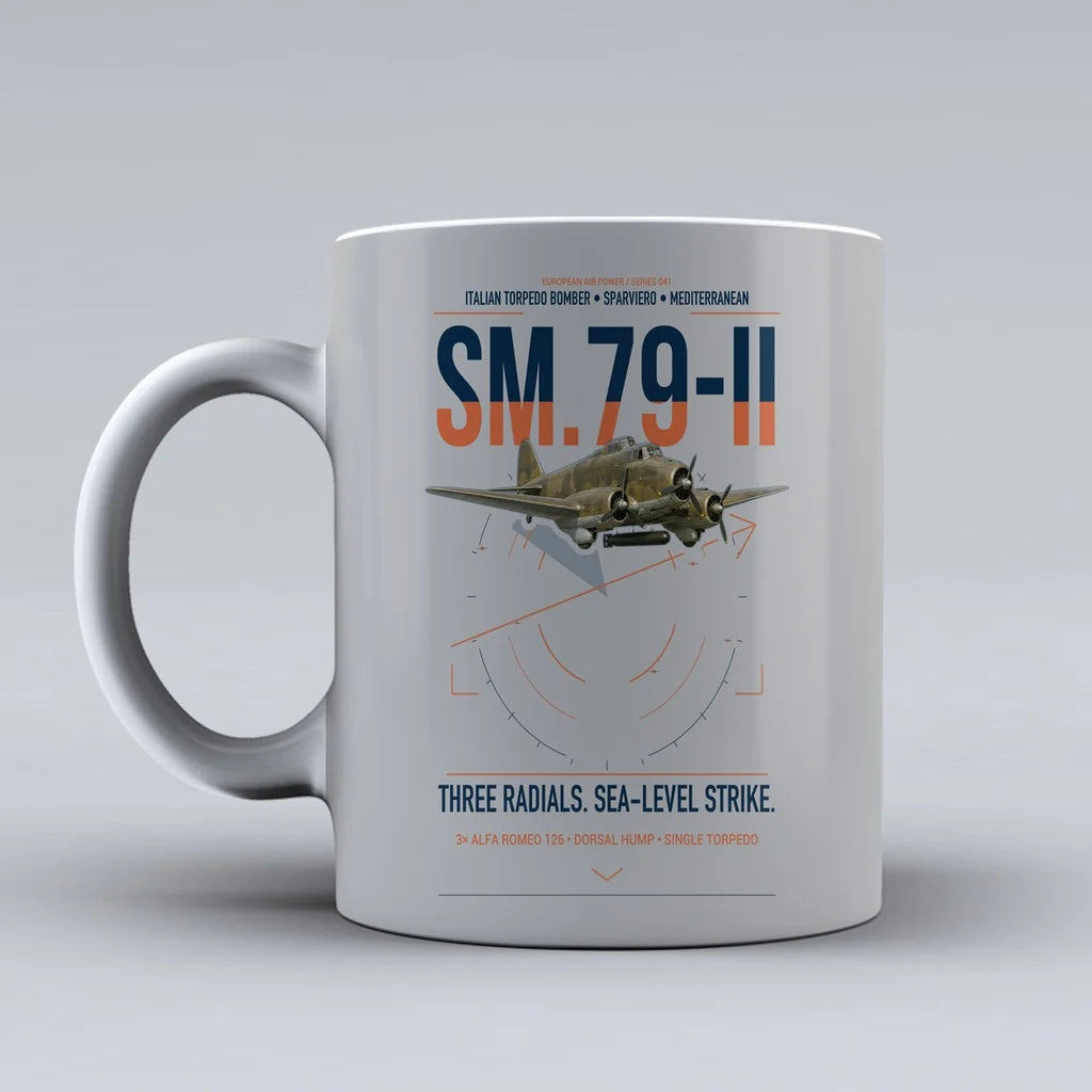Savoia-Marchetti SM.79-II Sparviero design on light gray ceramic mug, double-side print