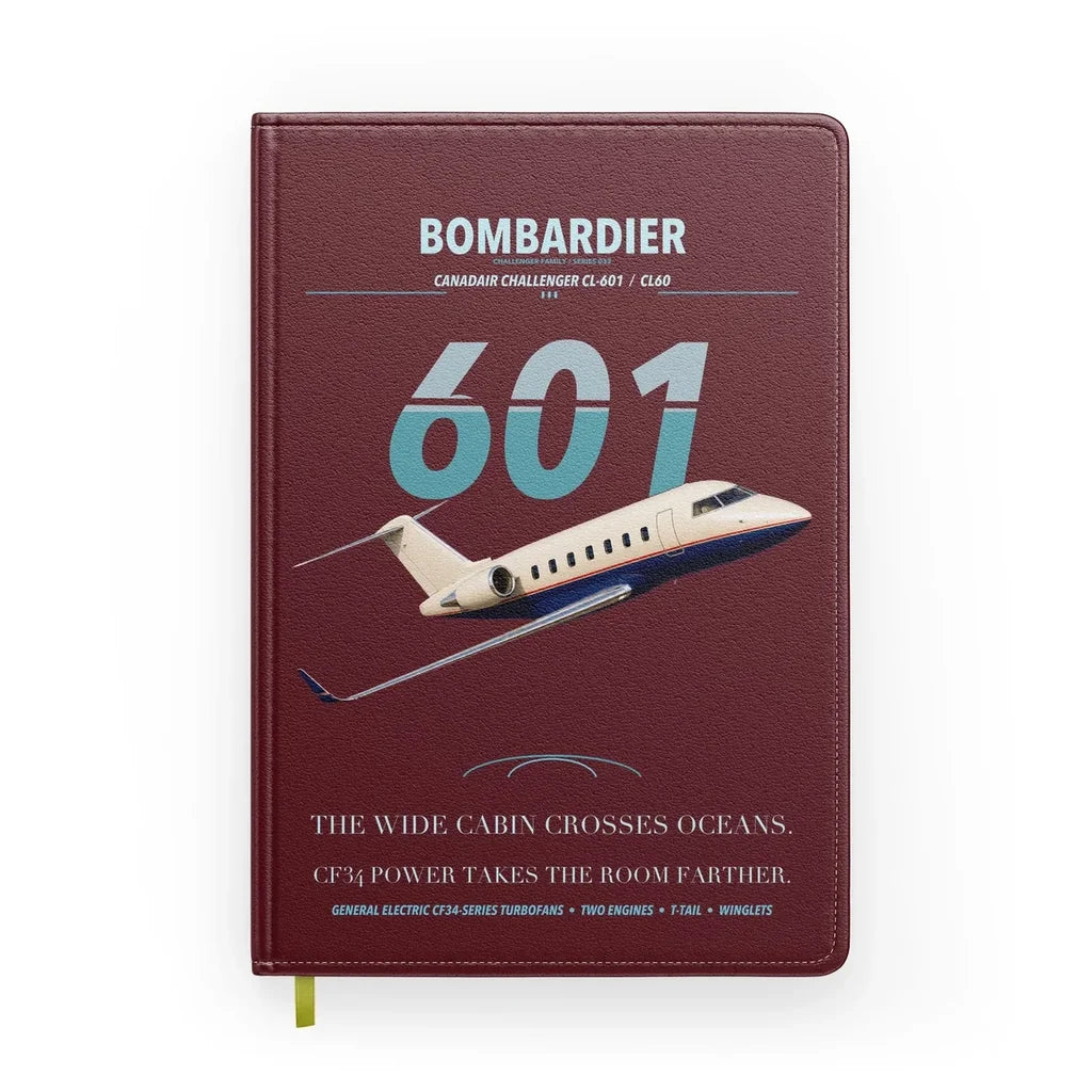 Bombardier Challenger 601 design on dark red notebook