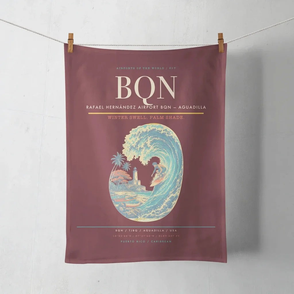 Rafael Hernández Airport (BQN) design on dark red towel