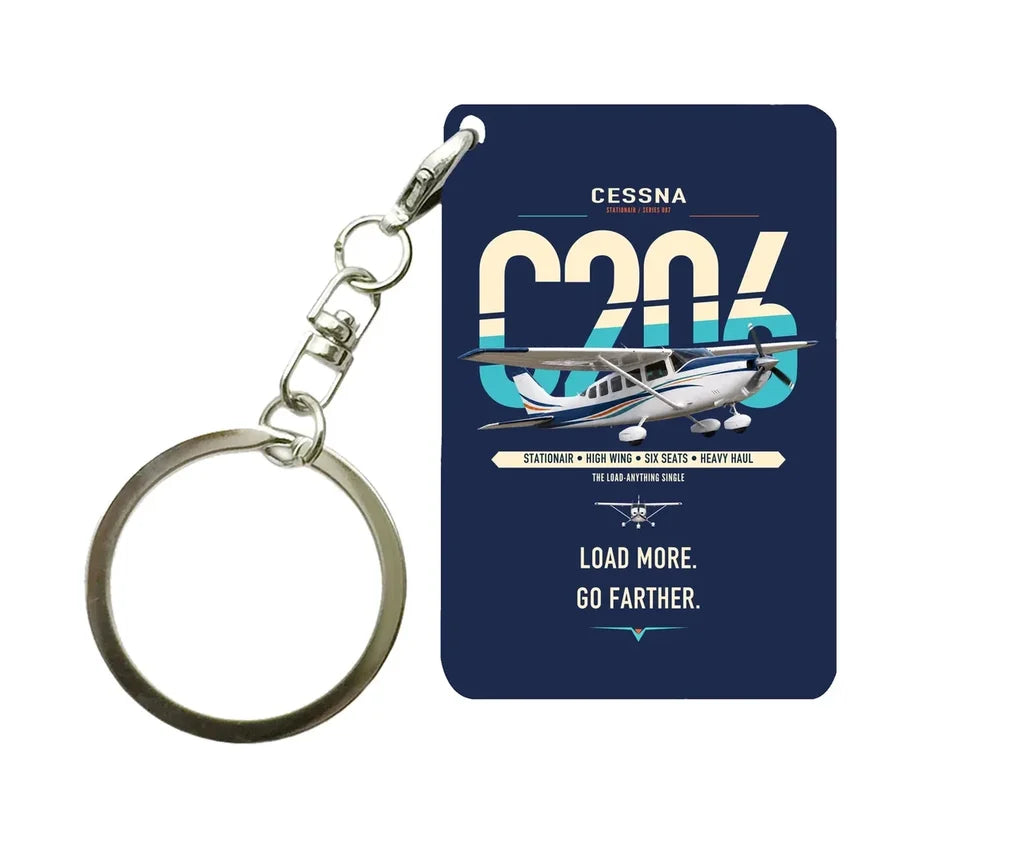 Cessna 206 Stationair design on navy blue designed key chain, double-side print