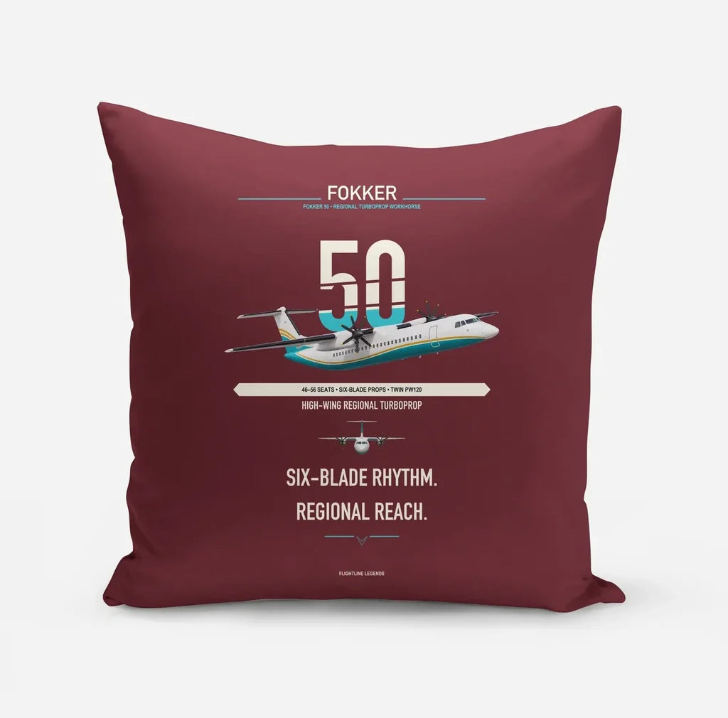 Fokker 50 design on dark red pillow