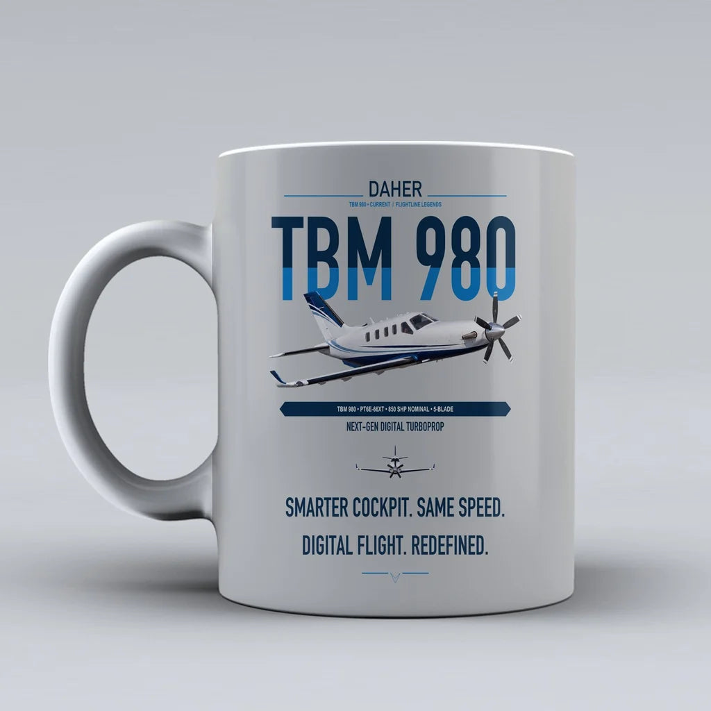 Daher TBM 980 design on light gray ceramic mug, double-side print