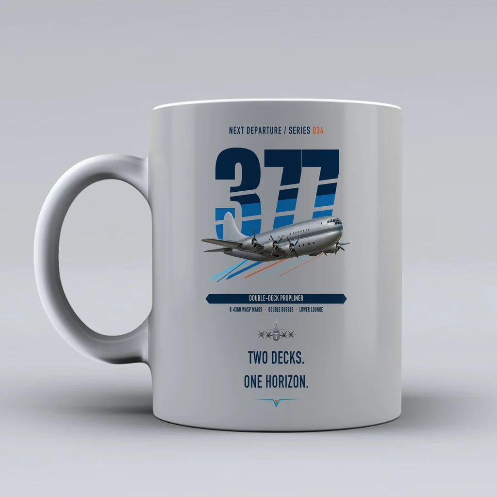 Boeing 377 Stratocruiser double-side print on light gray ceramic mug