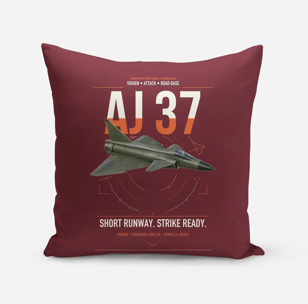 Saab AJ 37 Viggen design on dark red pillow