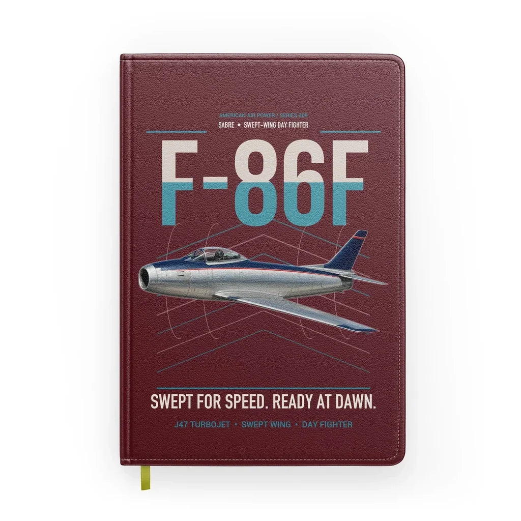 F-86F Sabre design on dark red notebook
