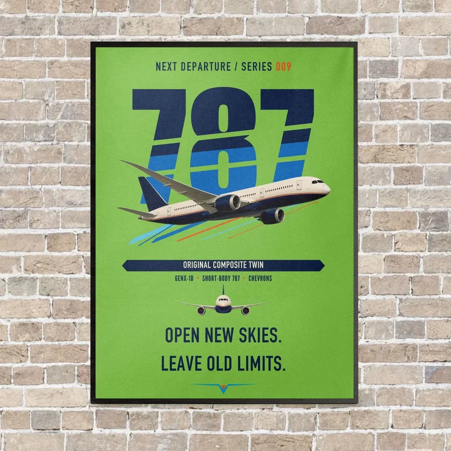Boeing 787-8 Dreamliner vertical canvas print - framed - light green background