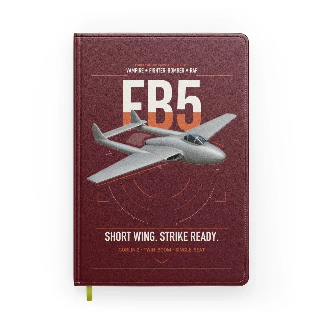 de Havilland Vampire FB5 design on dark red notebook