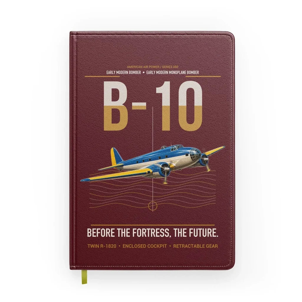 Martin B-10 design on dark red notebook